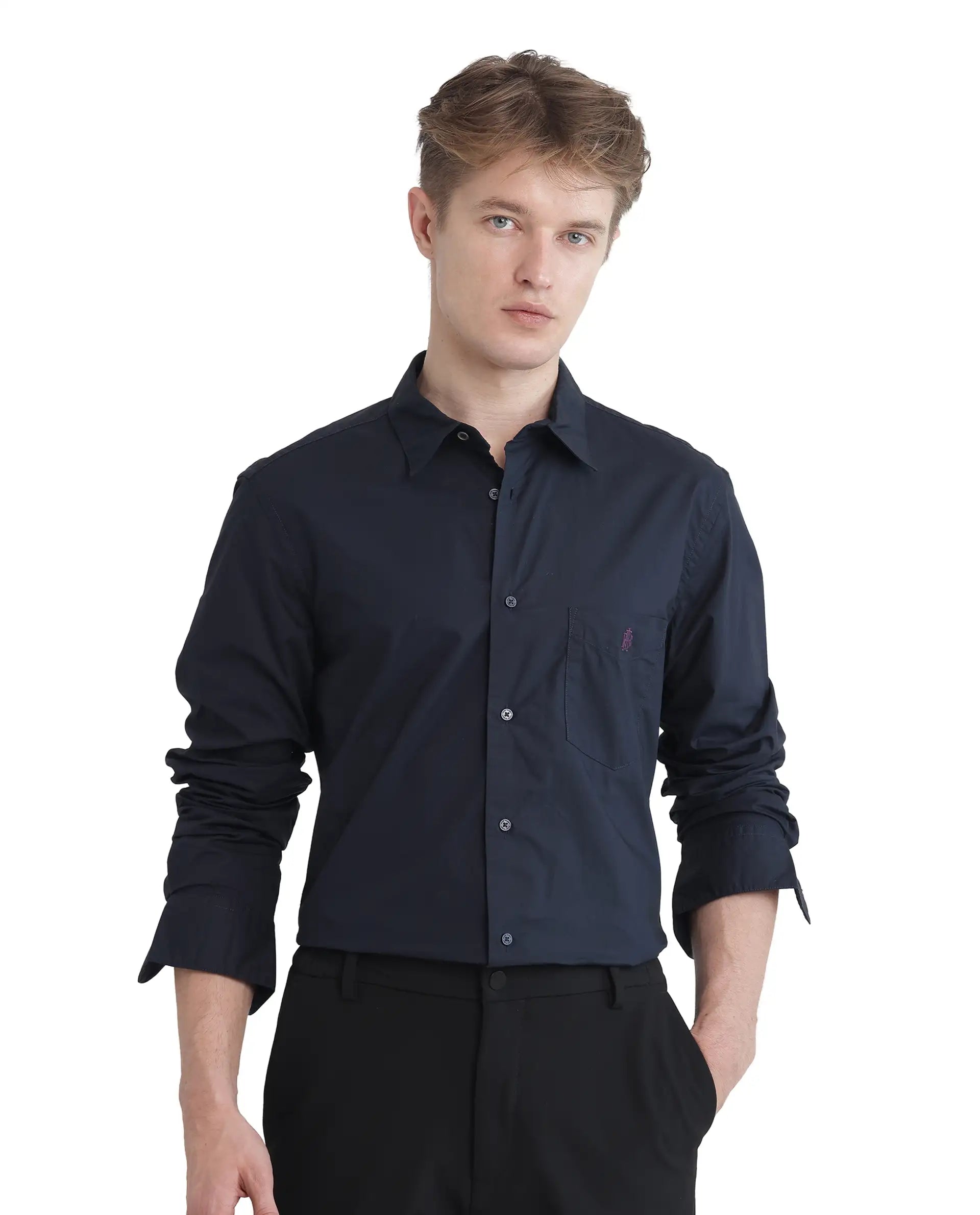 Rare Rabbit Men Harmin-25 Navy Cotton Fabric Short Sleeve Collared Neck Plain Shirt