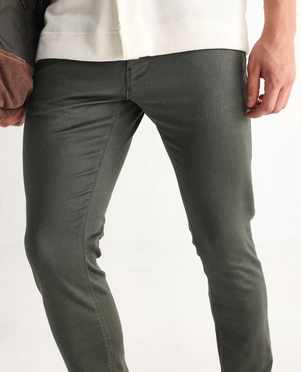 Rare Rabbit Men Hede Olive Cotton Spandex Fabric Slim Fit Plain Denim Pant