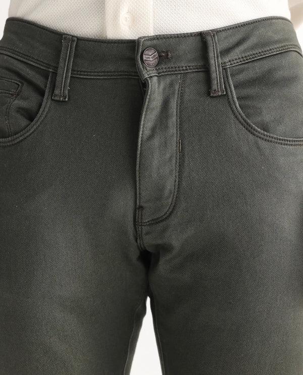 Rare Rabbit Men Hede Olive Cotton Spandex Fabric Slim Fit Plain Denim Pant