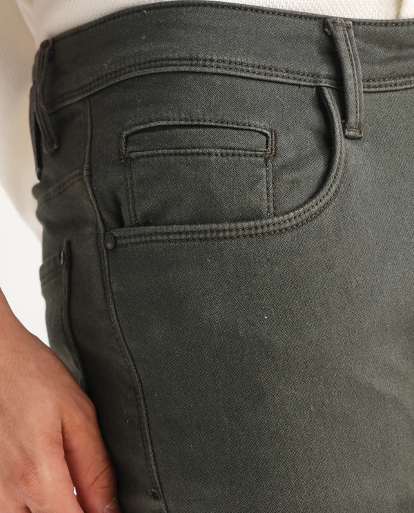 Rare Rabbit Men Hede Olive Cotton Spandex Fabric Slim Fit Plain Denim Pant