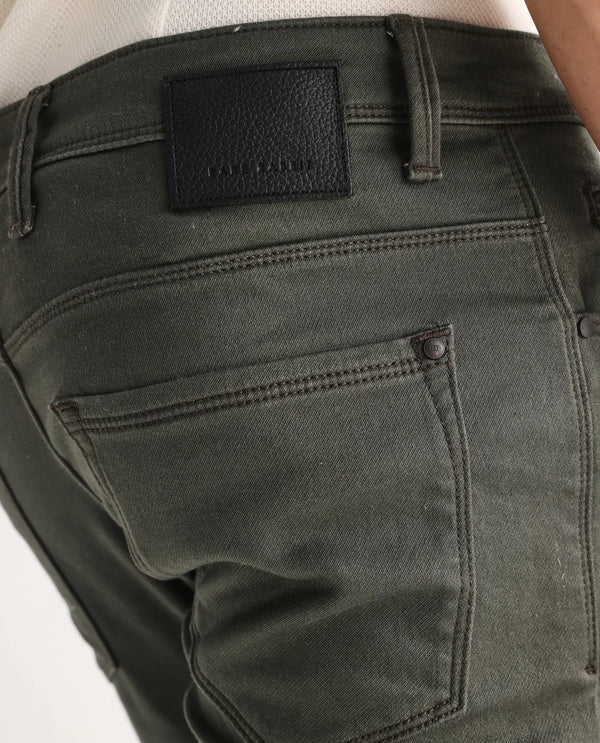 Rare Rabbit Men Hede Olive Cotton Spandex Fabric Slim Fit Plain Denim Pant