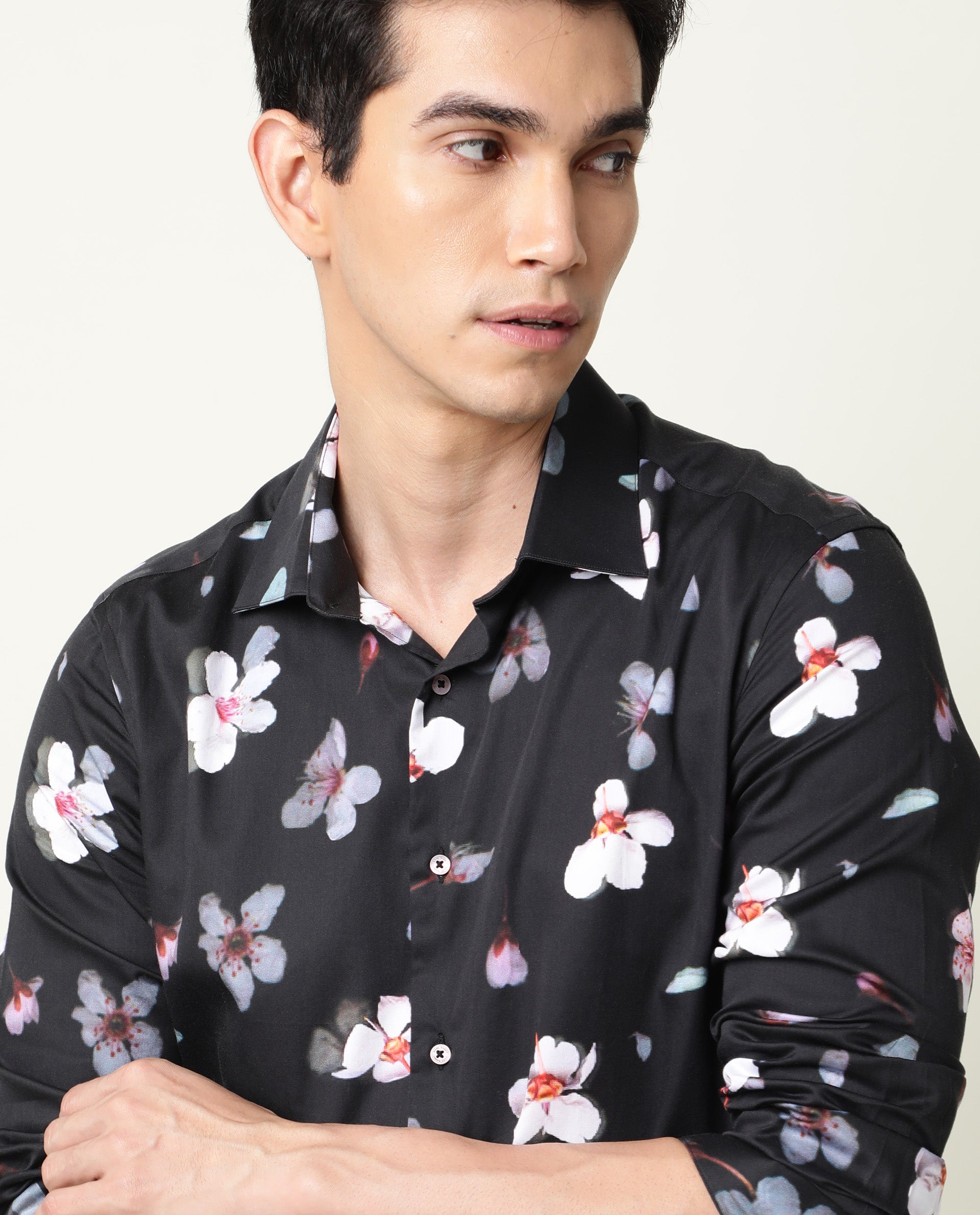 Rare Rabbit Men's Cuplets Black Cotton Fabric Full Sleeves Floral Printed Shirt