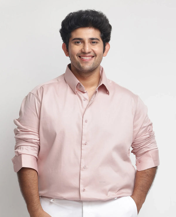 Rare Rabbit Men's Holand Pastel Pink Satin Fabric Full Sleeves Solid Shirt Plus Size