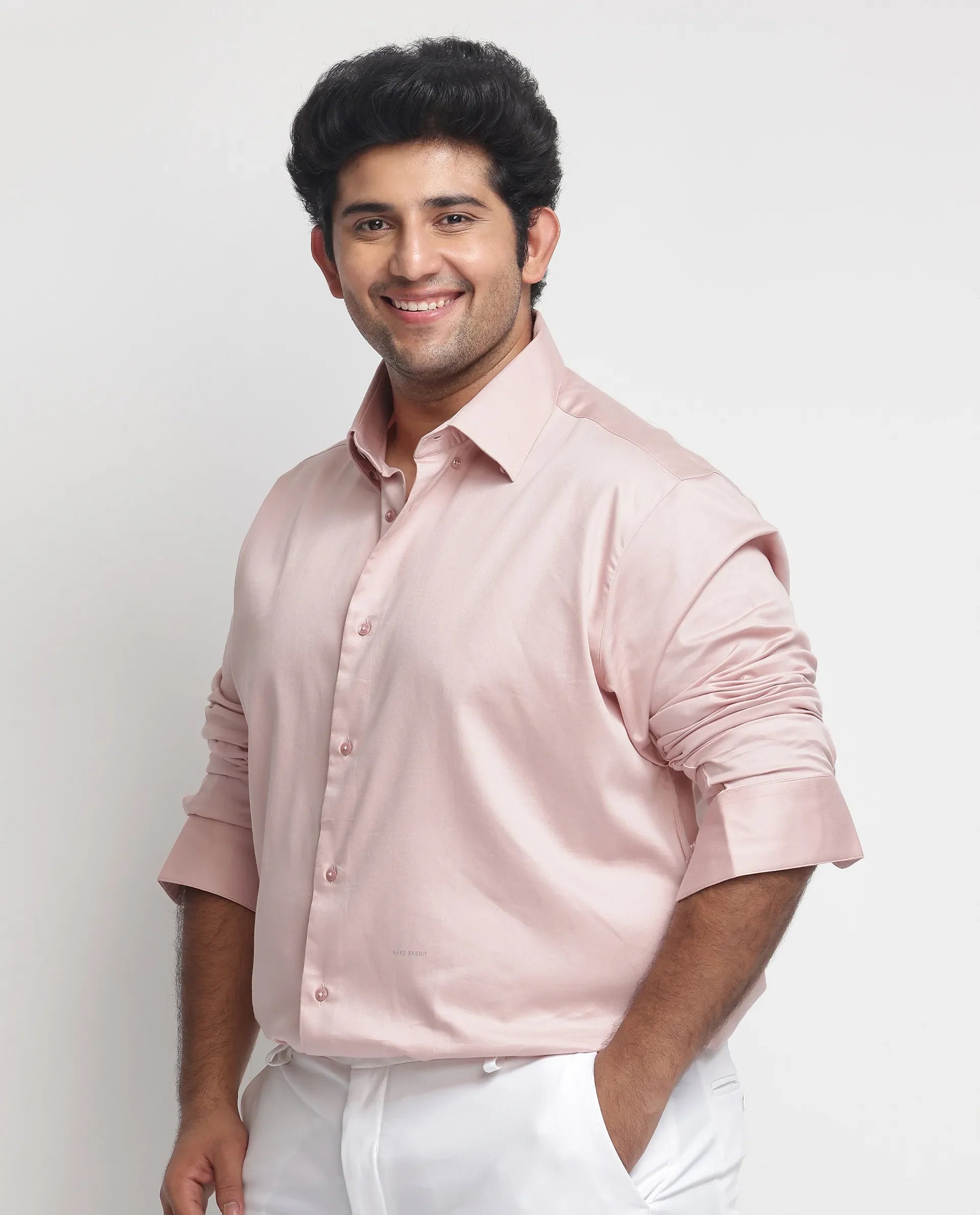 Rare Rabbit Men's Holand Pastel Pink Satin Fabric Full Sleeves Solid Shirt Plus Size