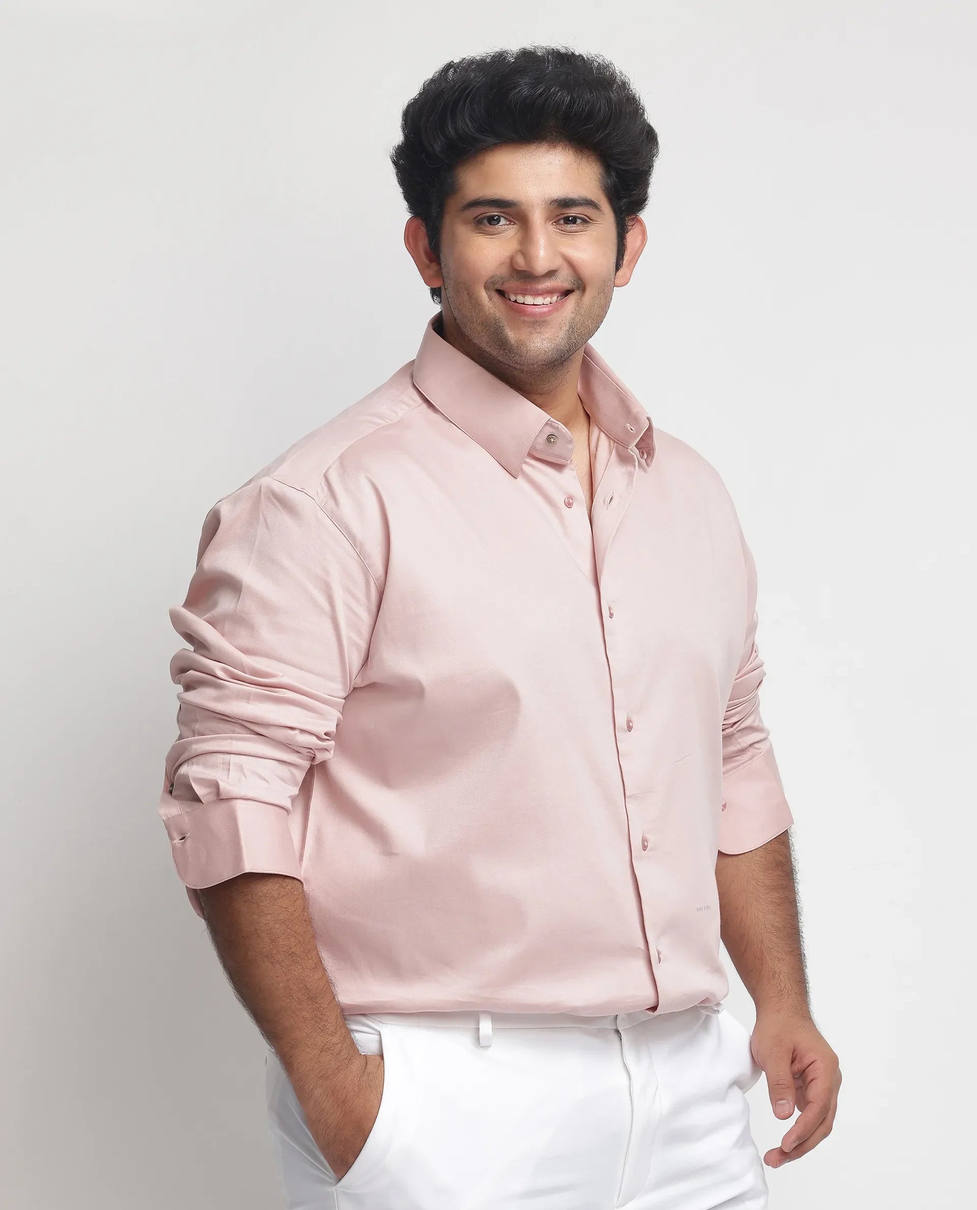 Rare Rabbit Men's Holand Pastel Pink Satin Fabric Full Sleeves Solid Shirt Plus Size