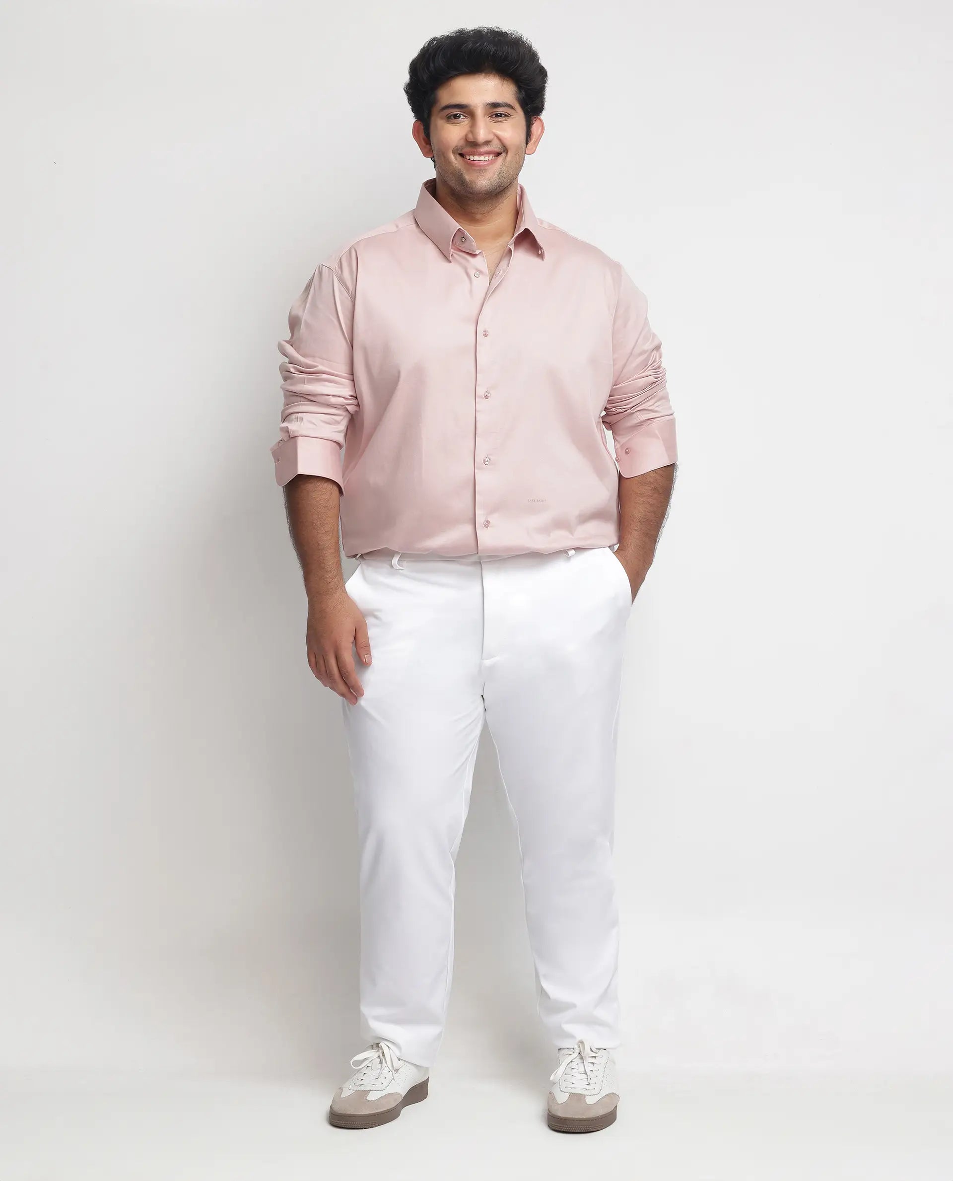 Rare Rabbit Men's Holand Pastel Pink Satin Fabric Full Sleeves Solid Shirt Plus Size