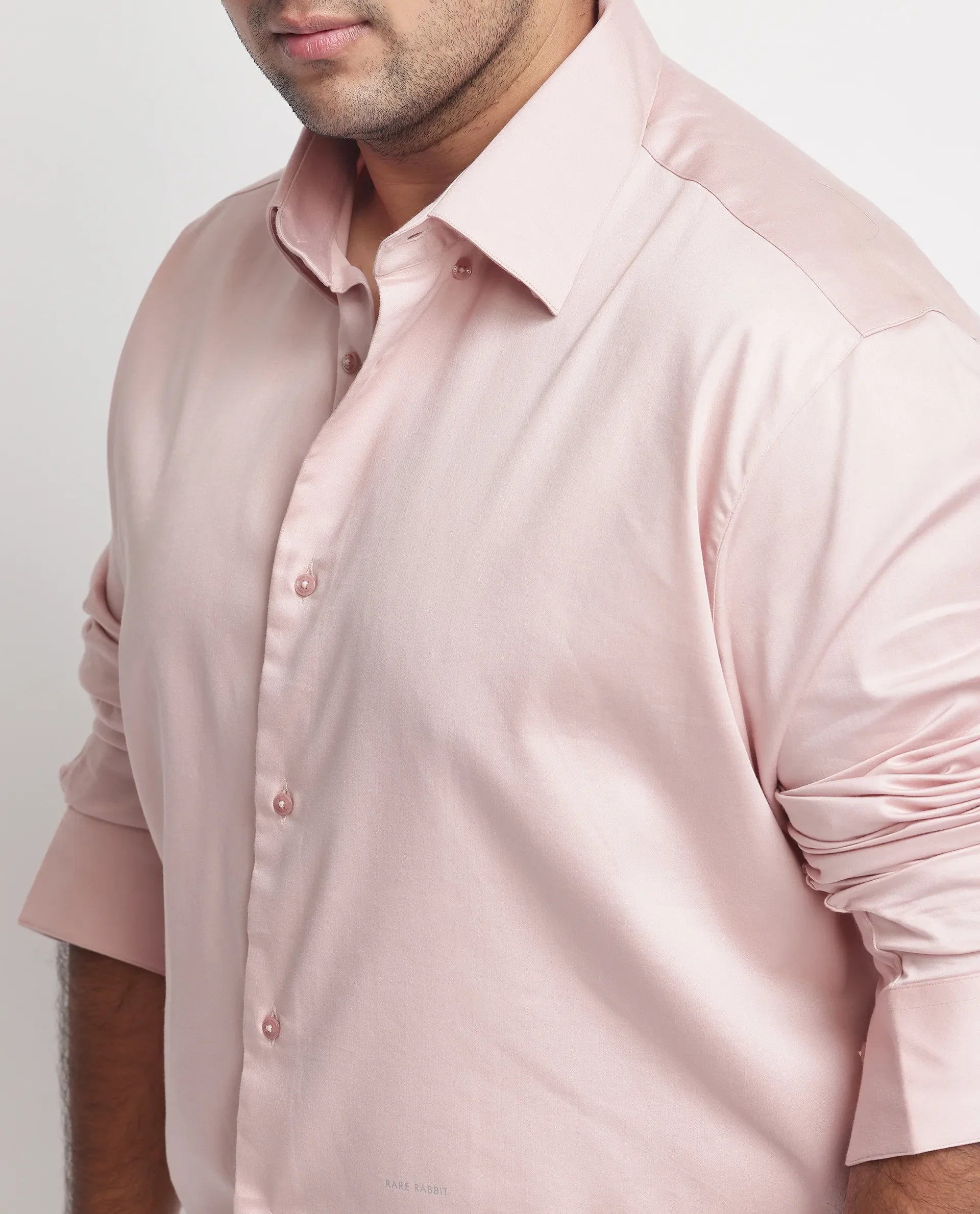 Rare Rabbit Men's Holand Pastel Pink Satin Fabric Full Sleeves Solid Shirt Plus Size