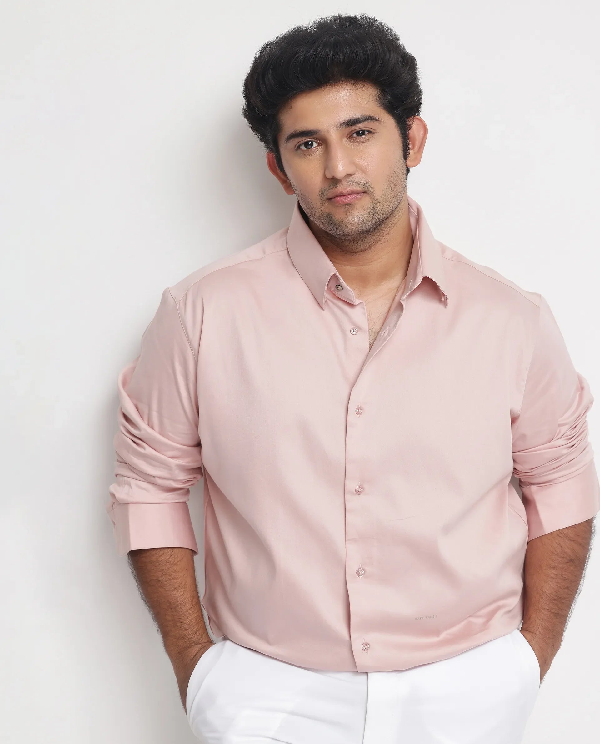 Rare Rabbit Men's Holand Pastel Pink Satin Fabric Full Sleeves Solid Shirt Plus Size