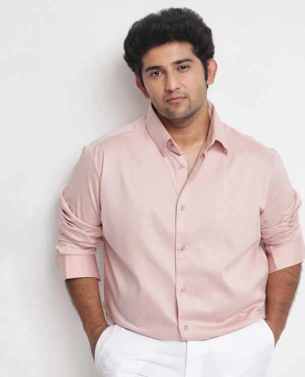 Rare Rabbit Men's Holand Pastel Pink Satin Fabric Full Sleeves Solid Shirt Plus Size