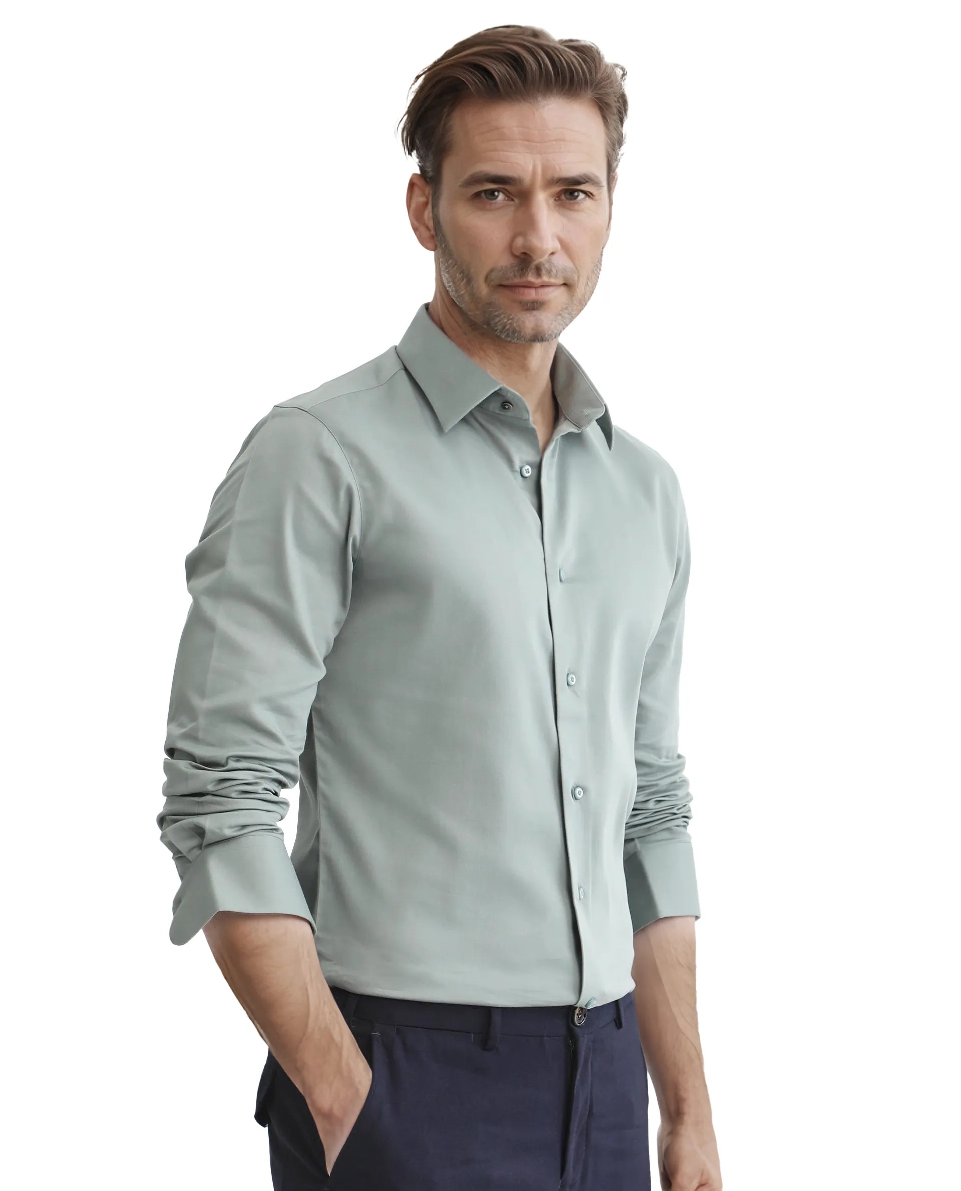 Rare Rabbit Men Holla-25 Dusky Green Cotton Poly Fabric Full Sleeve Collared Neck Button Closure Plain Shirt