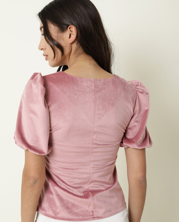 Rareism Women Mun Dusky Pink Velvet Regular Fit Cropped V-Neck Half Sleeves Solid Top