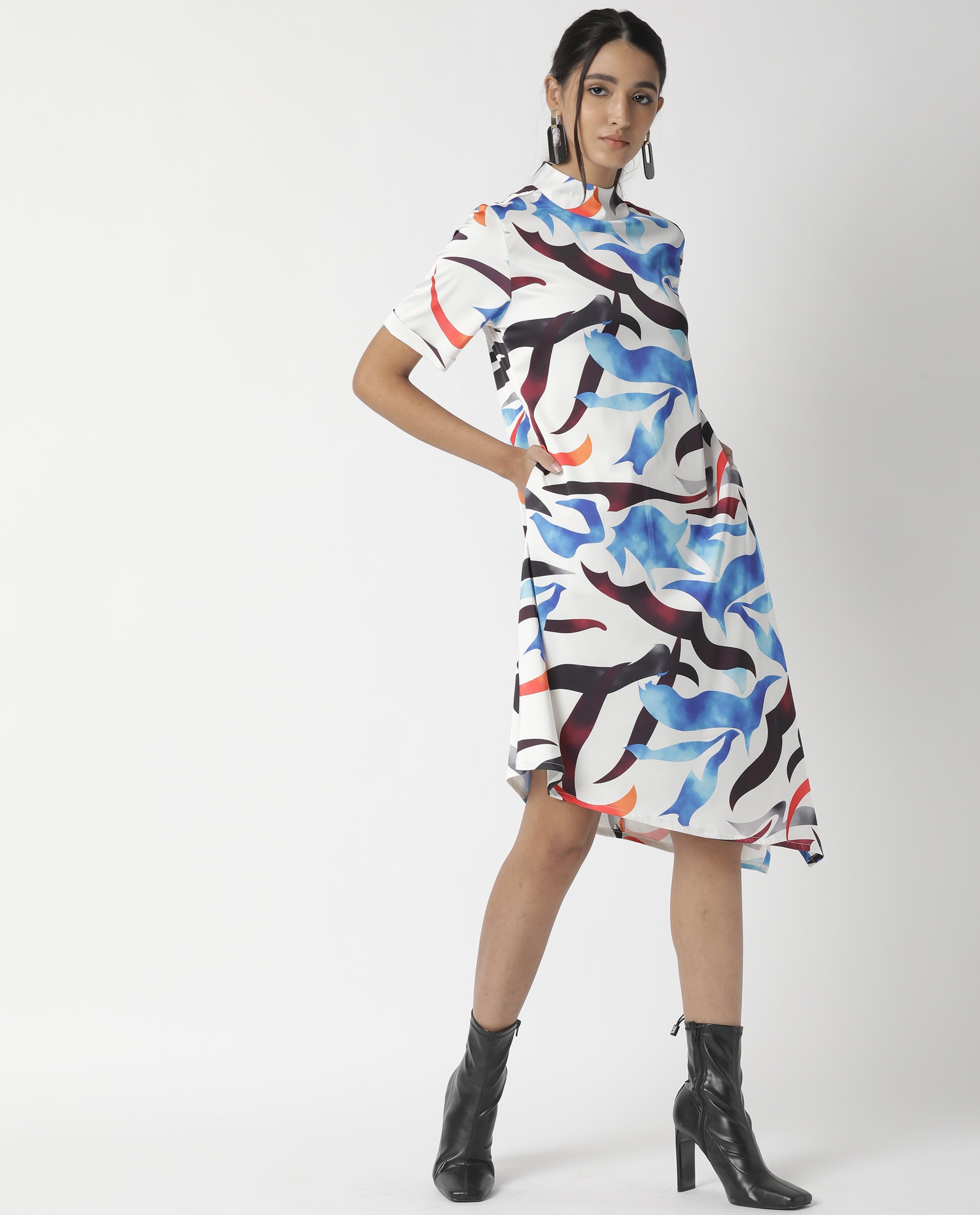 Rareism Women Saler White Abstract Band Collar Short Sleeves With Pockets Asymmetric Knee Length Dress