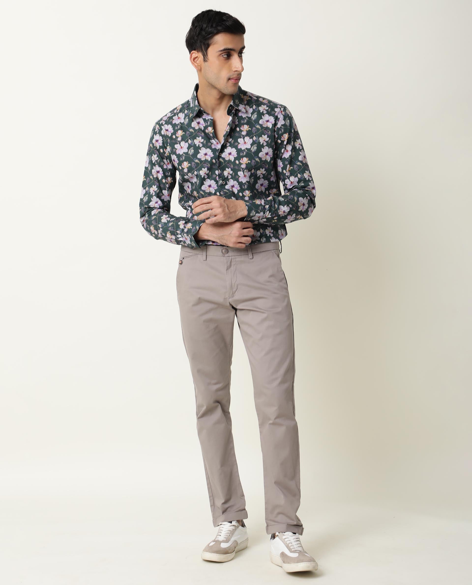 Rare Rabbit Men's Paintt Green Cotton Fabric Floral Print Full Sleeves Shirt