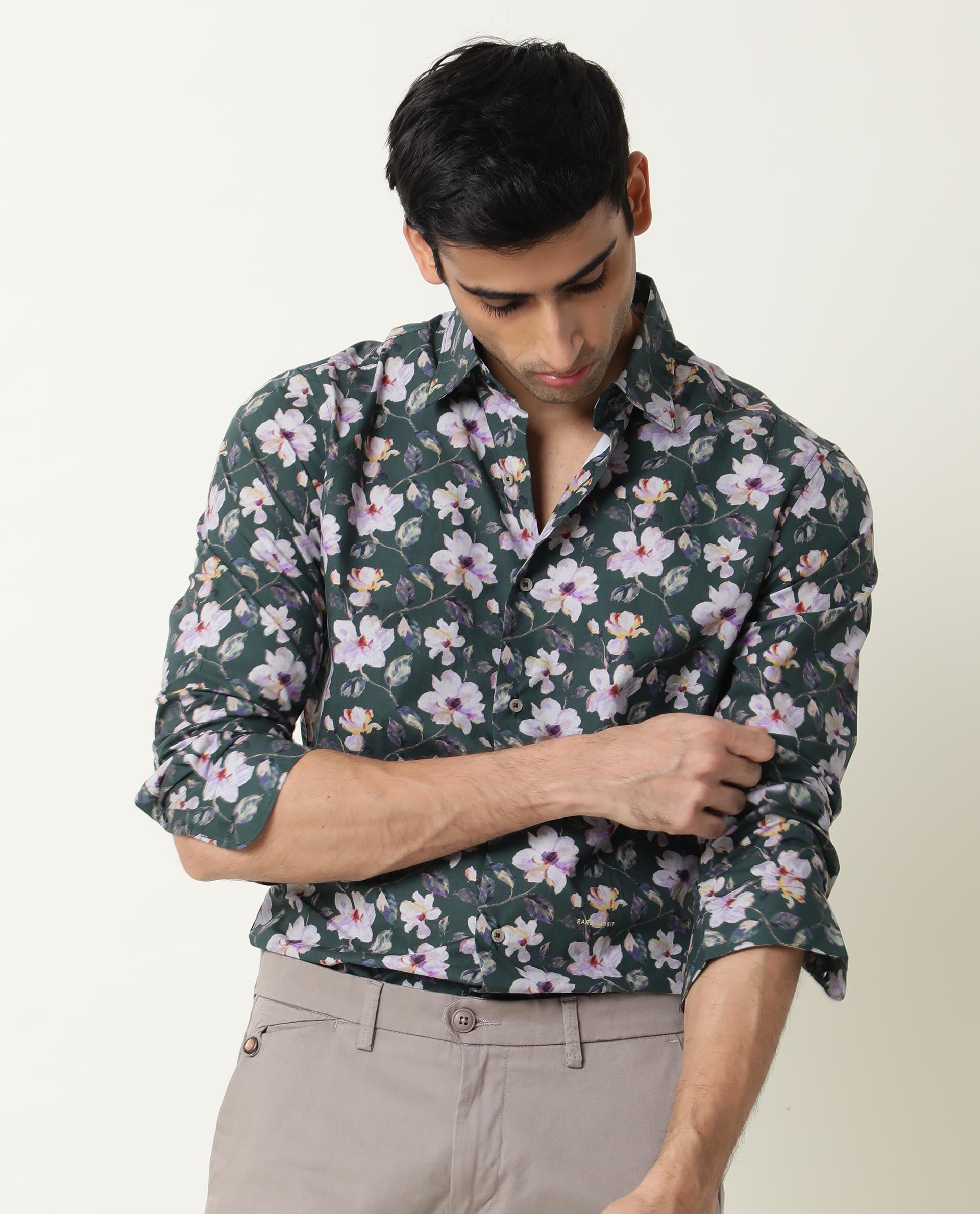 Rare Rabbit Men's Paintt Green Cotton Fabric Floral Print Full Sleeves Shirt