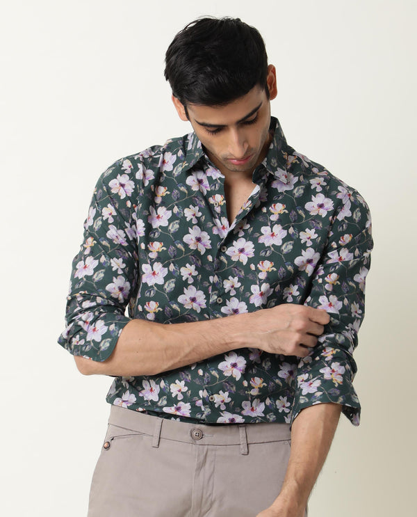 Rare Rabbit Men's Paintt Green Cotton Fabric Floral Print Full Sleeves Shirt