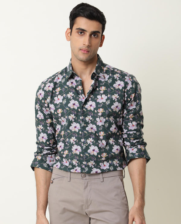 Rare Rabbit Men's Paintt Green Cotton Fabric Floral Print Full Sleeves Shirt