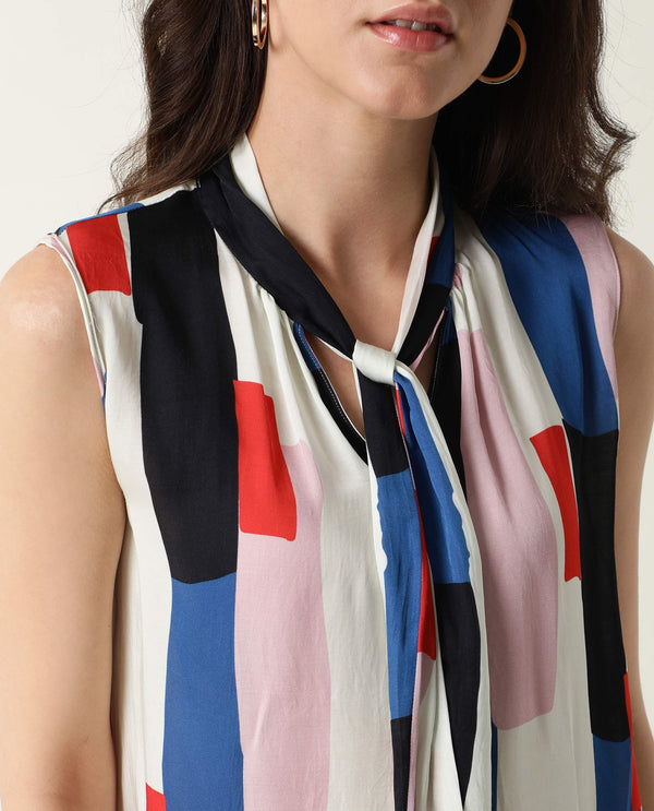 Rareism Womens Jazzes White Top Modal Satin Fabric Regular Fit Sleeveless Tie Up Neck