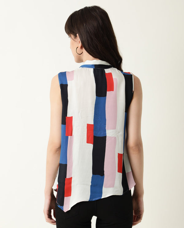 Rareism Womens Jazzes White Top Modal Satin Fabric Regular Fit Sleeveless Tie Up Neck