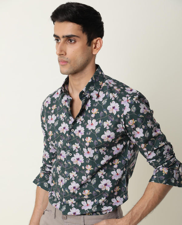 Rare Rabbit Men's Paintt Green Cotton Fabric Floral Print Full Sleeves Shirt