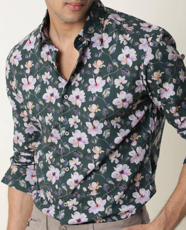 Rare Rabbit Men's Paintt Green Cotton Fabric Floral Print Full Sleeves Shirt