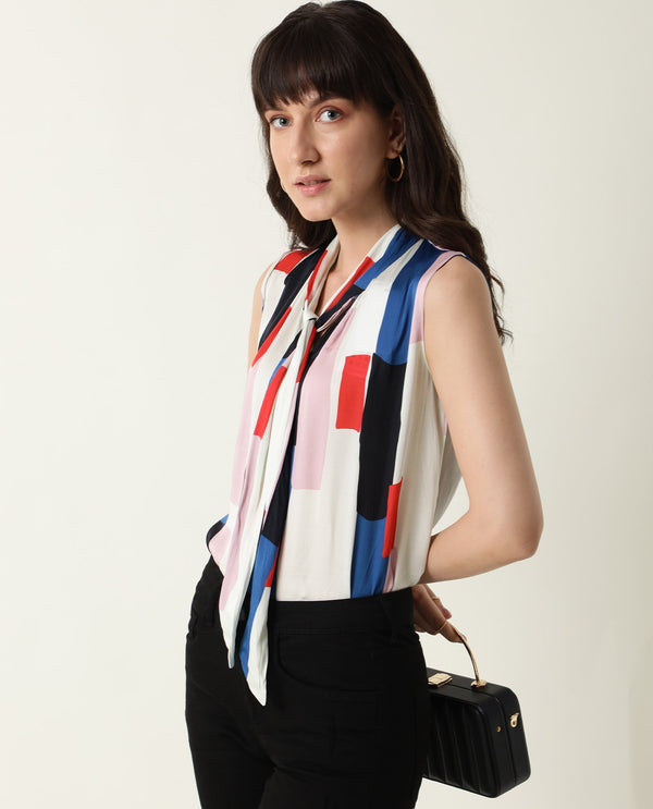 Rareism Womens Jazzes White Top Modal Satin Fabric Regular Fit Sleeveless Tie Up Neck