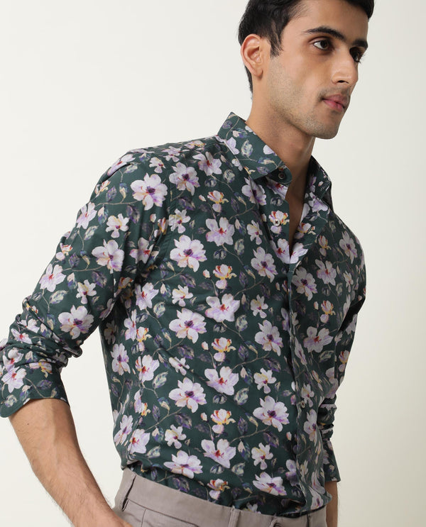 Rare Rabbit Men's Paintt Green Cotton Fabric Floral Print Full Sleeves Shirt
