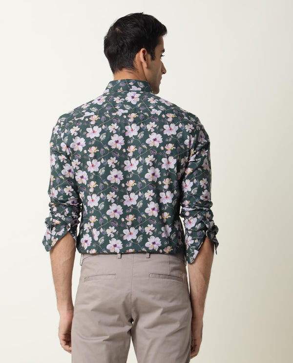 Rare Rabbit Men's Paintt Green Cotton Fabric Floral Print Full Sleeves Shirt