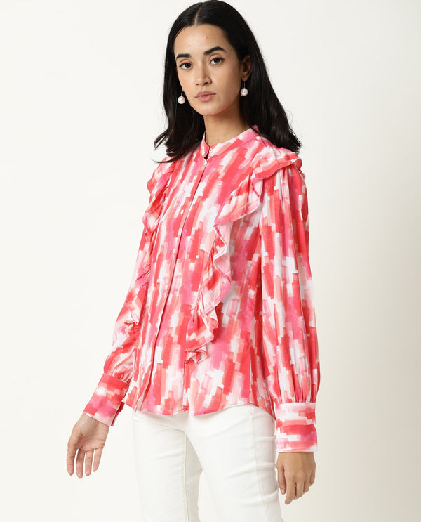 Rareism Womens Goku Pink Top Modal Fabric Regular Fit Regular Sleeves Mandarin Neck