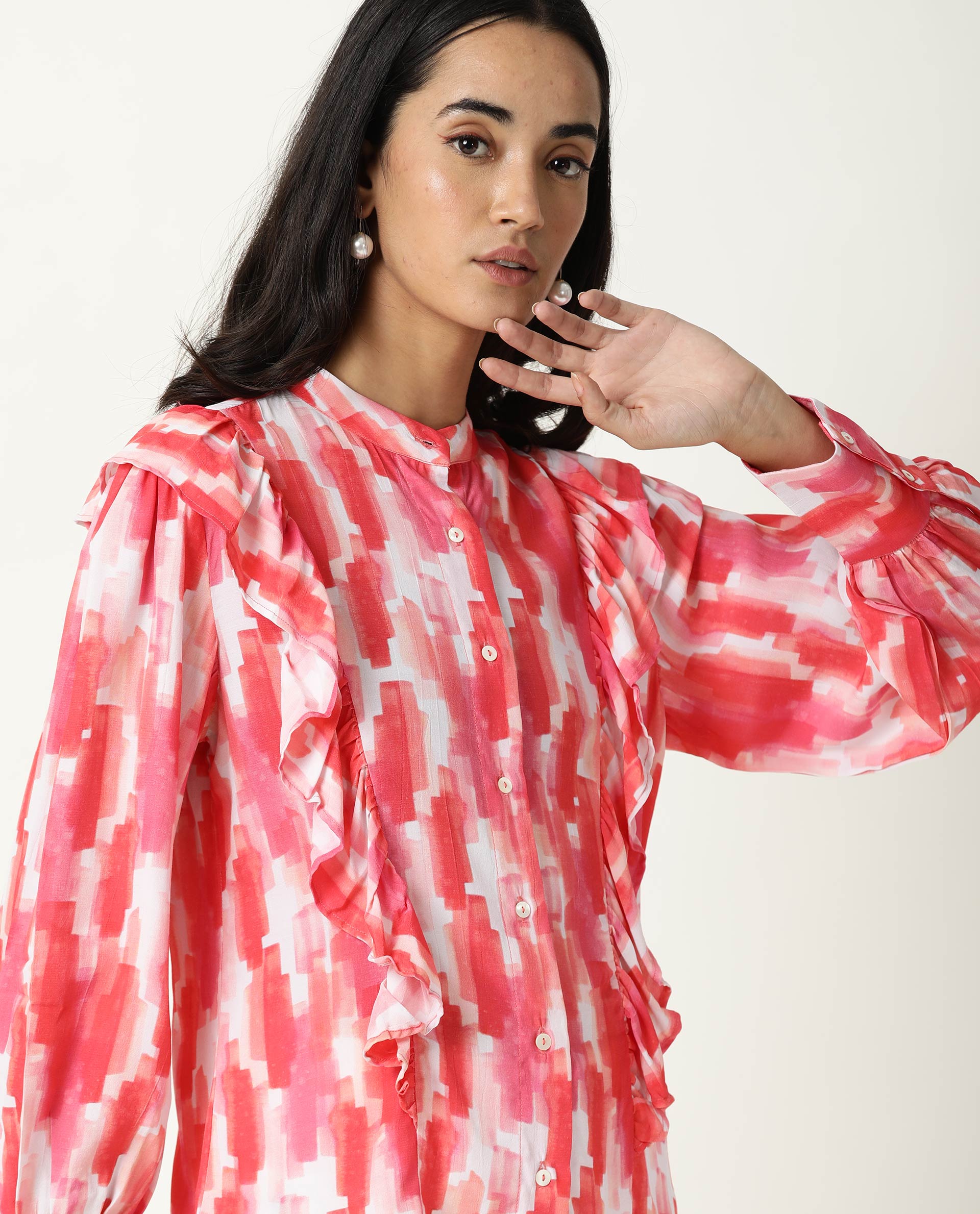 Rareism Womens Goku Pink Top Modal Fabric Regular Fit Regular Sleeves Mandarin Neck