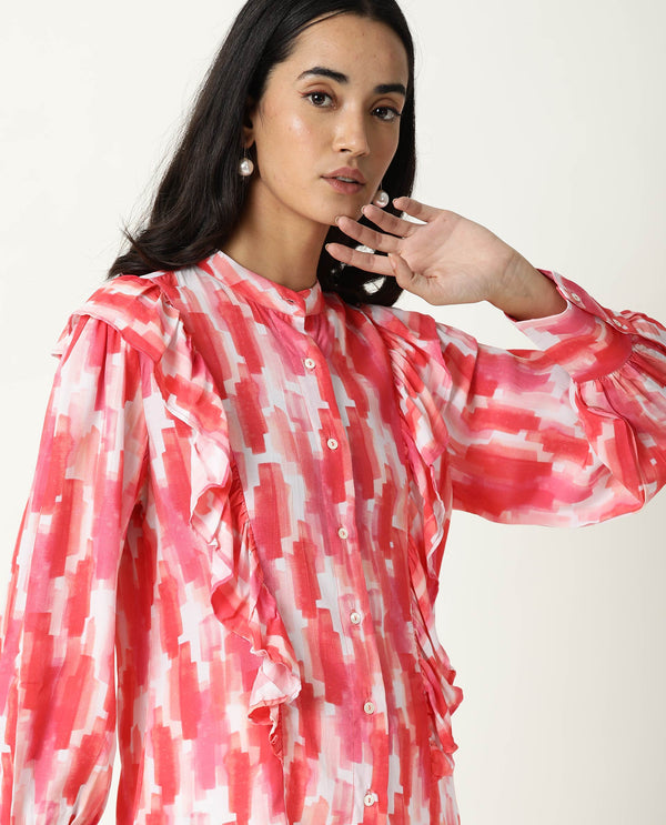 Rareism Womens Goku Pink Top Modal Fabric Regular Fit Regular Sleeves Mandarin Neck
