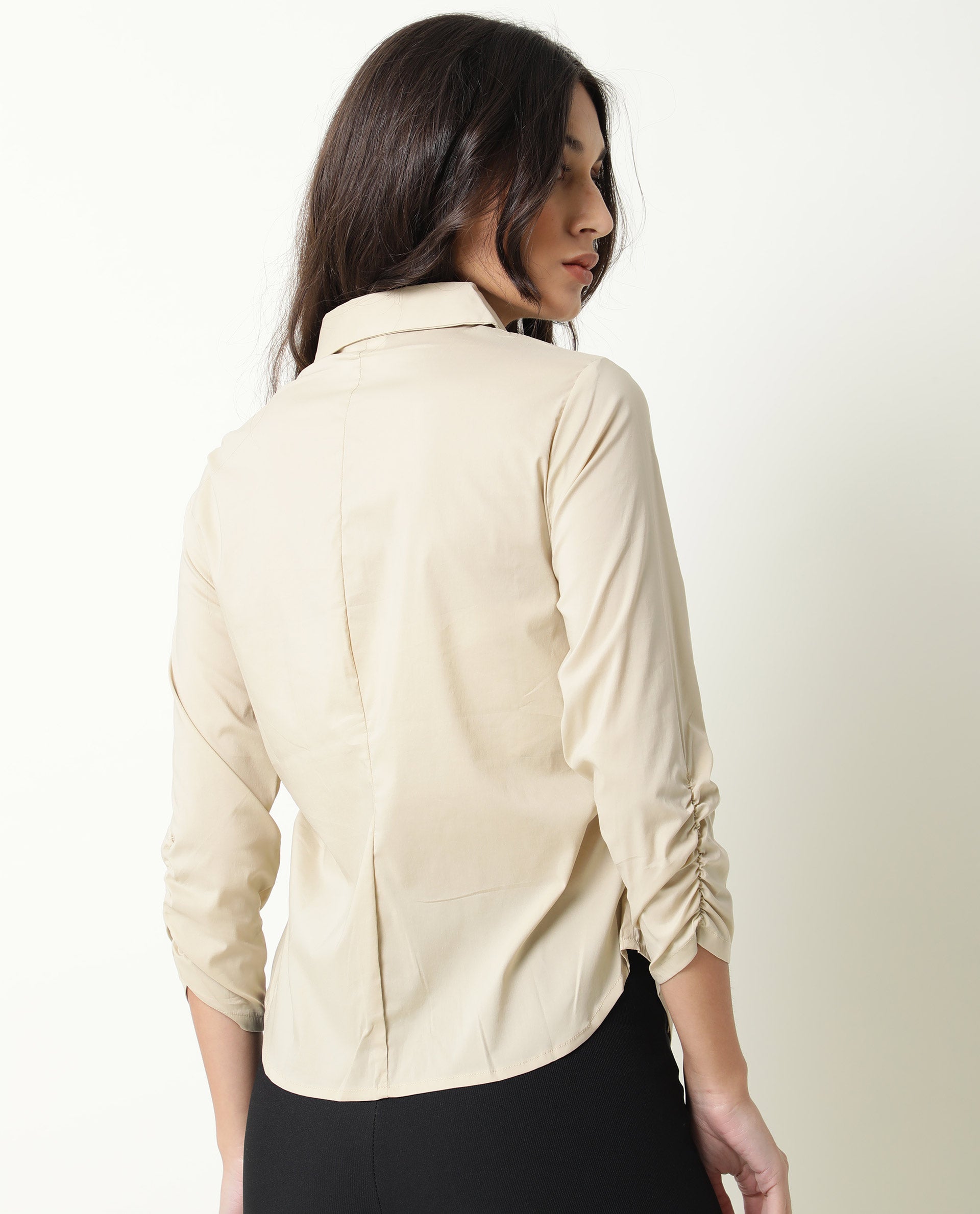 Rareism Womens Mudd Beige Top Cotton Lycra Fabric Regular Fit 3/4 Sleeve Collared Neck