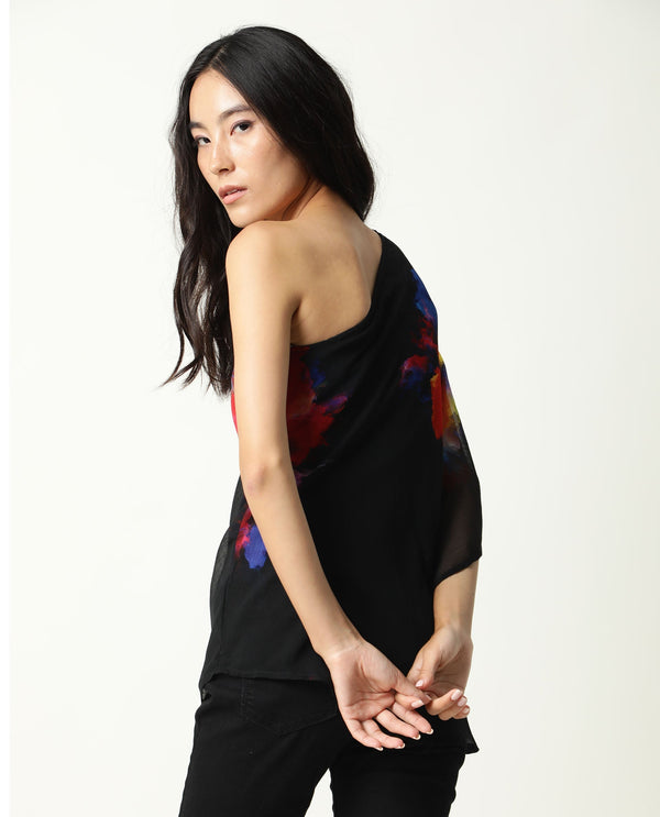 Rareism Womens Propose Black Top Viscose Fabric Regular Fit One Shoulder One Shoulder Neck