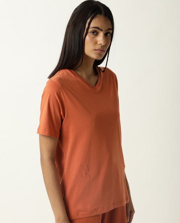 Rareism Women Arvi Orange Cotton Blend Fabric Relaxed Fit Half Sleeves Solid V-Neck T-Shirt