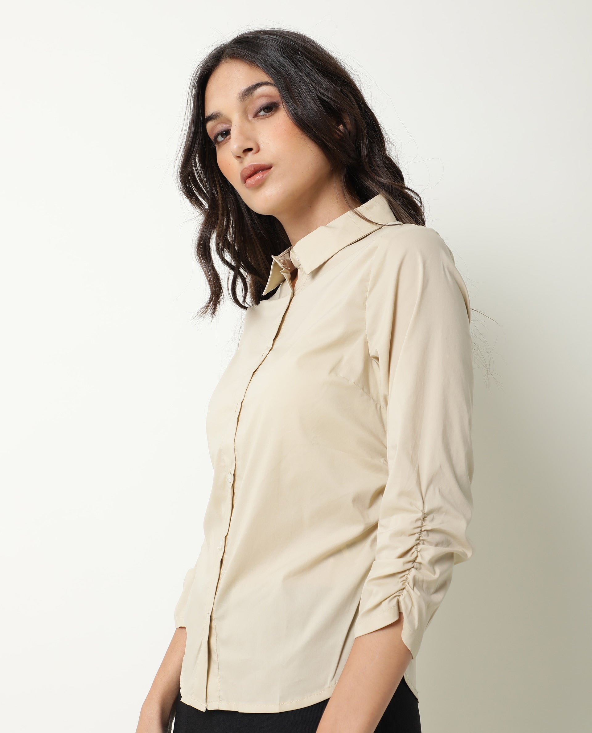 Rareism Womens Mudd Beige Top Cotton Lycra Fabric Regular Fit 3/4 Sleeve Collared Neck
