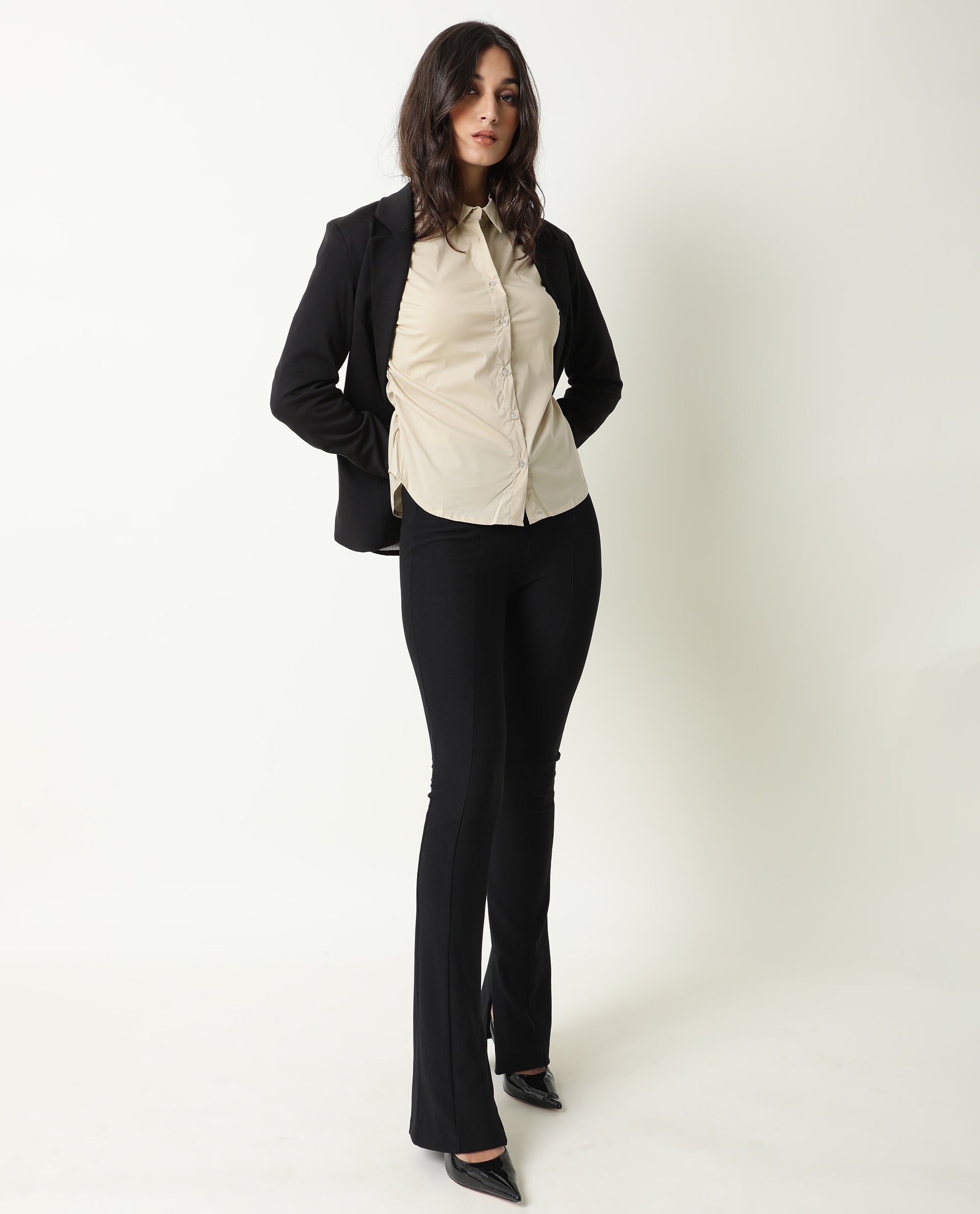 Rareism Womens Mudd Beige Top Cotton Lycra Fabric Regular Fit 3/4 Sleeve Collared Neck