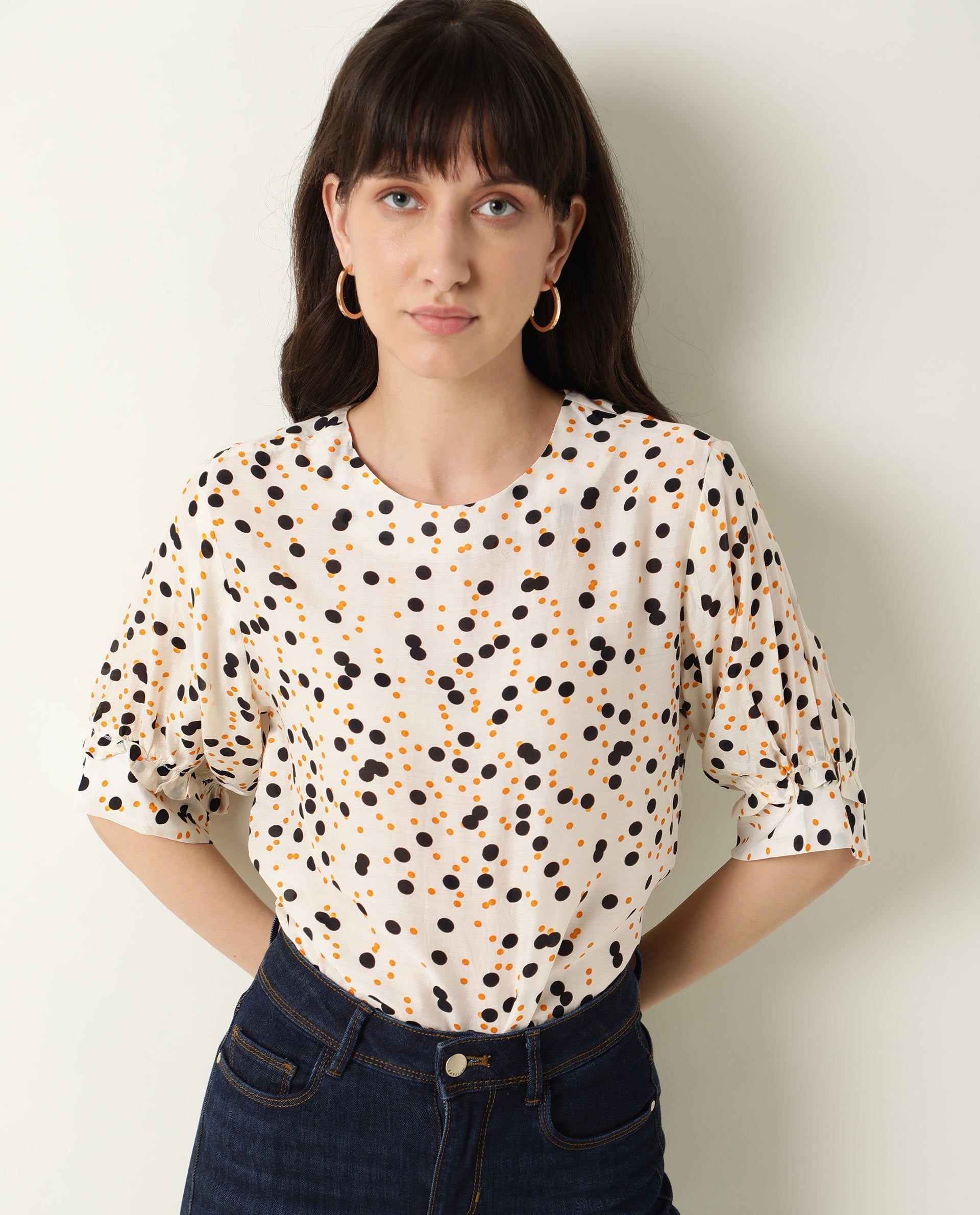 Rareism Women Roy Orange Top Short Sleeves Printed