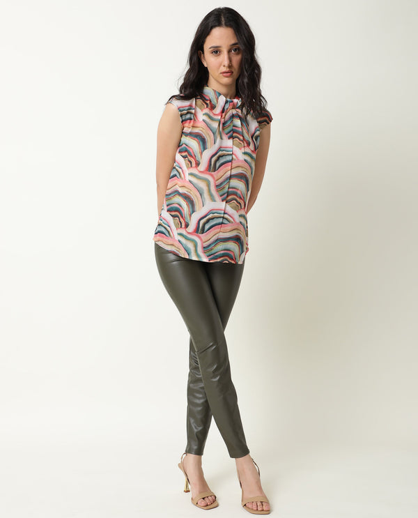 Rareism Women Colette Multi Polyester Fabric Regular Fit High Neck Sleeveless Abstract Print Top