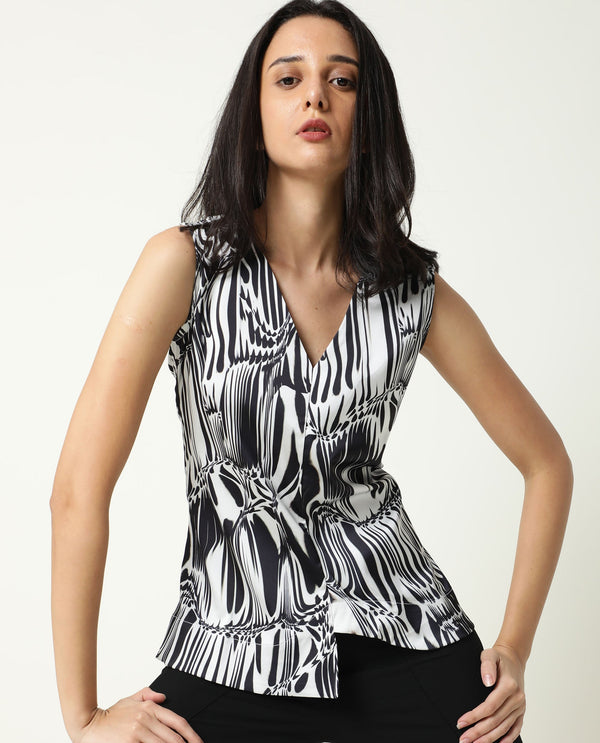 Rareism Women Portal Black Modal Lycra Fabric Regular Fit V-Neck Sleeveless Abstract Print Top