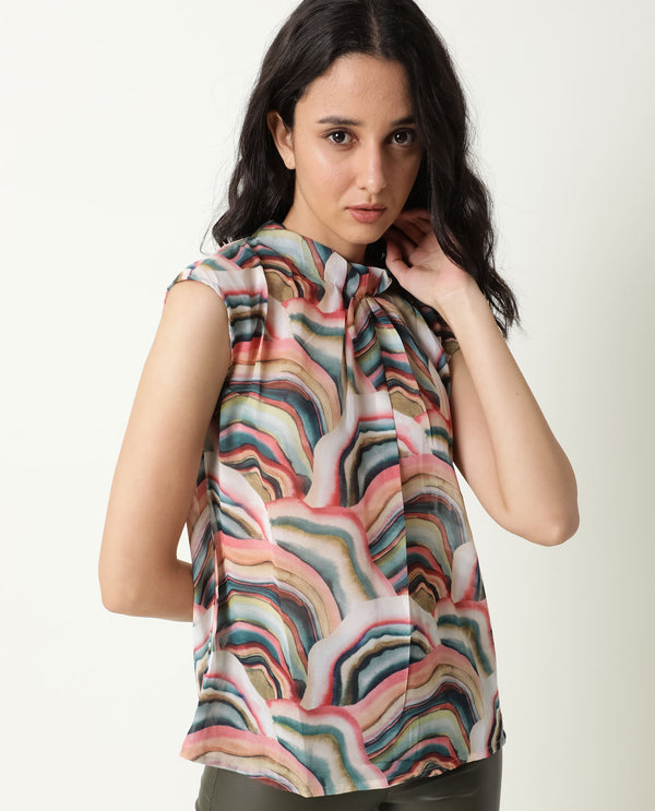 Rareism Women Colette Multi Polyester Fabric Regular Fit High Neck Sleeveless Abstract Print Top