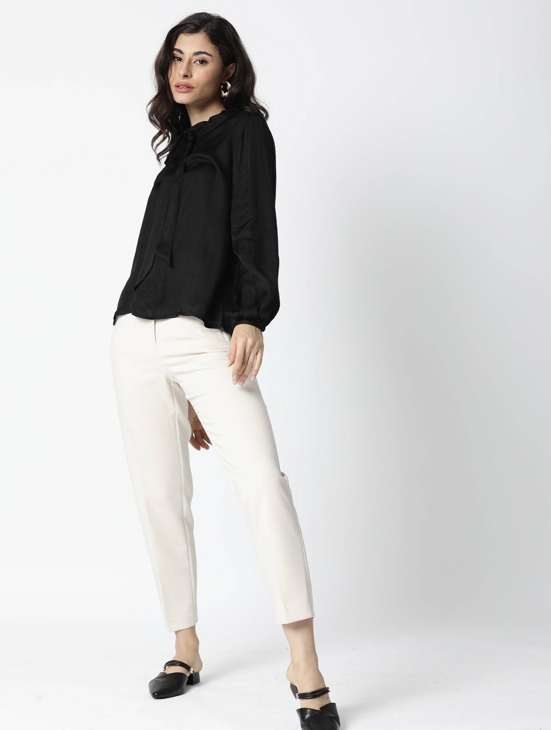 Rareism Women Sleek Black Top Full Sleeves Solid Top