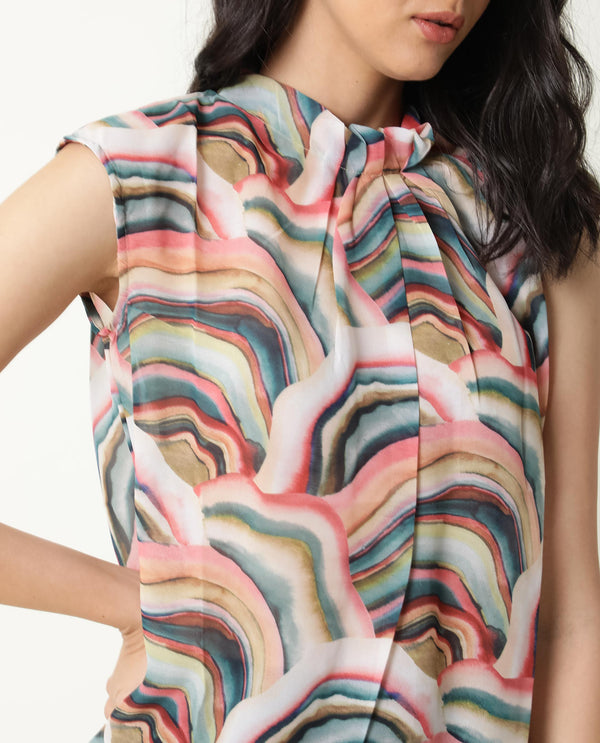 Rareism Women Colette Multi Polyester Fabric Regular Fit High Neck Sleeveless Abstract Print Top