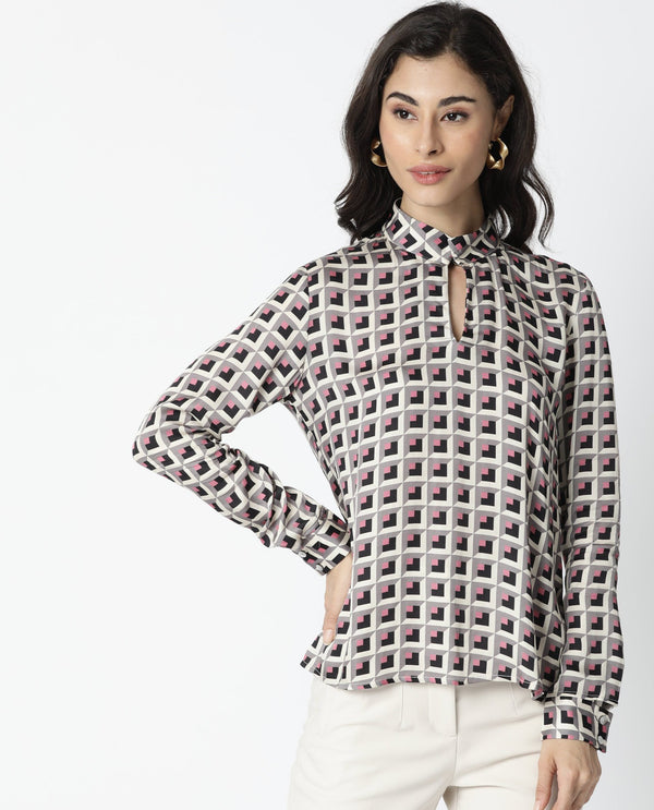 Rareism Women Appar Off White  Tailored Fit Mandarin Collar Full Sleeves Geometric Print Top