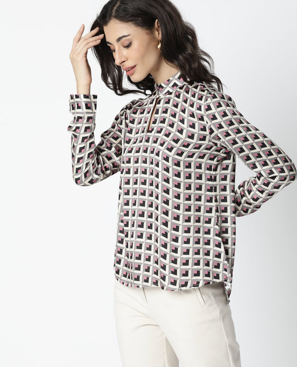 Rareism Women Appar Off White  Tailored Fit Mandarin Collar Full Sleeves Geometric Print Top
