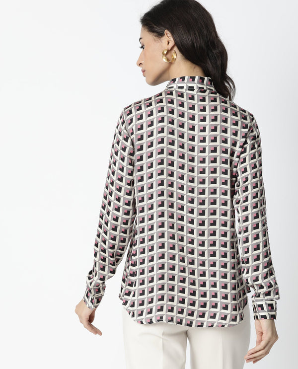 Rareism Women Appar Off White  Tailored Fit Mandarin Collar Full Sleeves Geometric Print Top