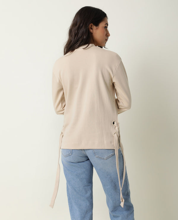 Rareism Women Ross Beige Cotton Fabric Regular Fit High Neck Full Sleeves Solid Top