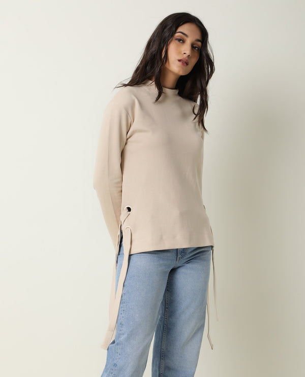 Rareism Women Ross Beige Cotton Fabric Regular Fit High Neck Full Sleeves Solid Top