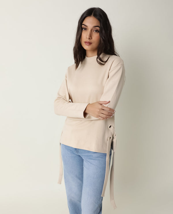 Rareism Women Ross Beige Cotton Fabric Regular Fit High Neck Full Sleeves Solid Top