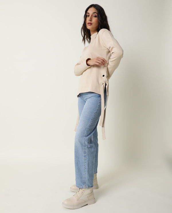 Rareism Women Ross Beige Cotton Fabric Regular Fit High Neck Full Sleeves Solid Top
