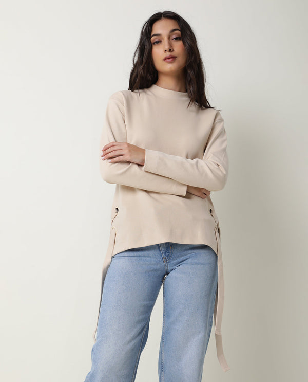 Rareism Women Ross Beige Cotton Fabric Regular Fit High Neck Full Sleeves Solid Top