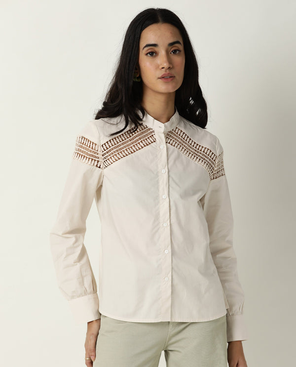 Rareism Women Zoom Pastel Beige Cotton Fabric Regular Fit Mandarin Collar Full Sleeves Solid Top